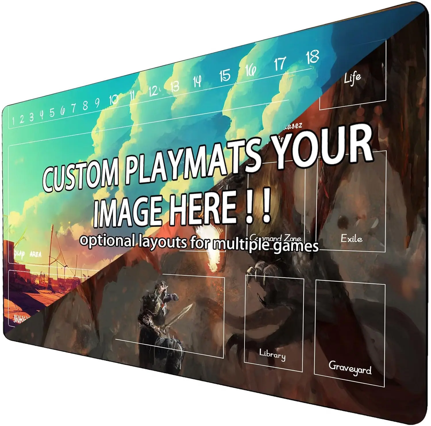 Custom TCG Card Gaming Playmat with Mat Bag, Personalized Playzone Layout Options, Non-Slip Surface for Pokemon, MTG, Yu-Gi-Oh Card Games