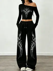 Women's Gothic Print Off-Shoulder Long Sleeve Top with Casual Straight Pants Set Outfit, Relaxed Fit Loose Loungewear for Home and Outdoors