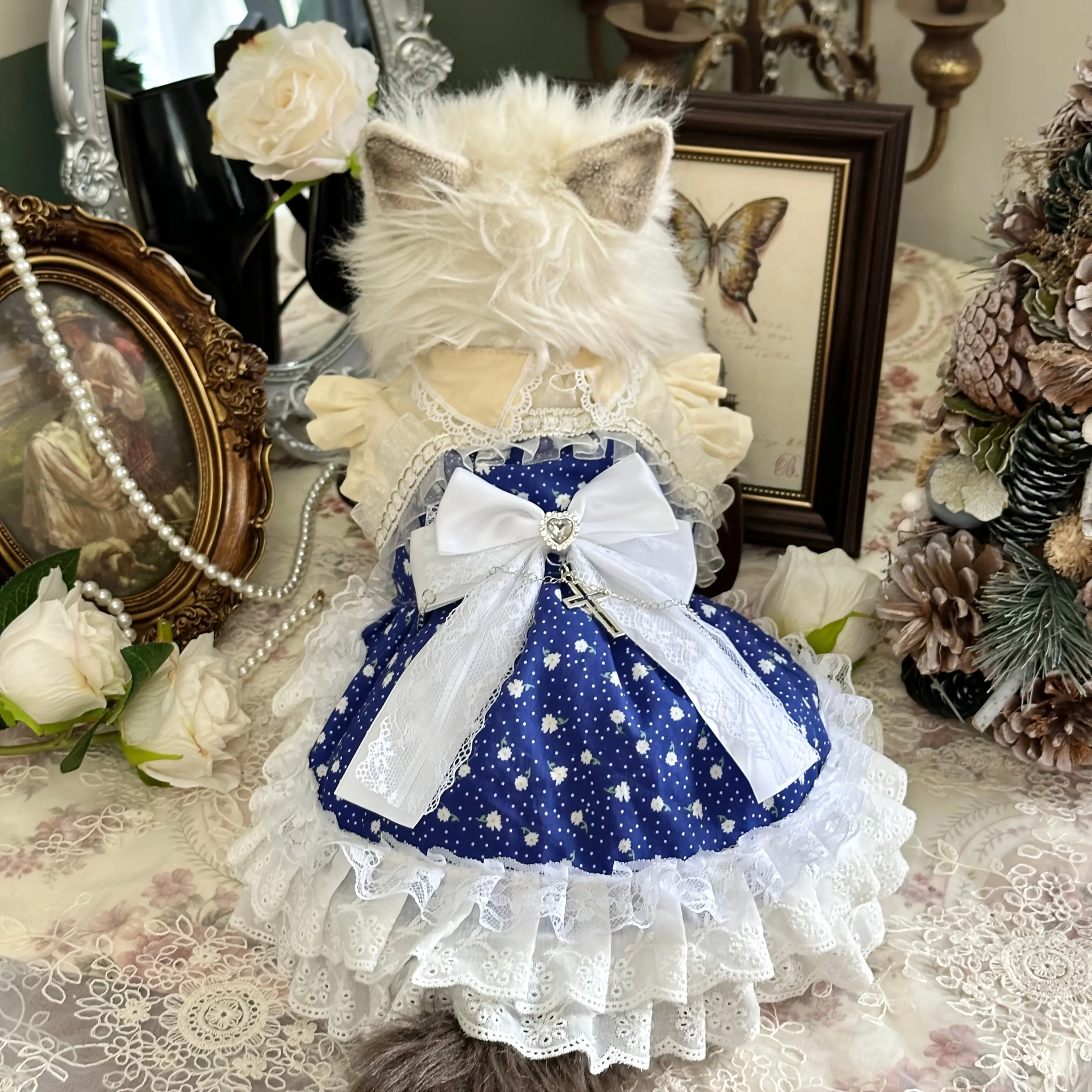 Heavenly Guardian Dog Dress Polka-Dot Starlight Gown with Cross Pendant  Oversized Bow for Small Dogs Corgis Elegant Pet Princess Dress - TikTok Shop