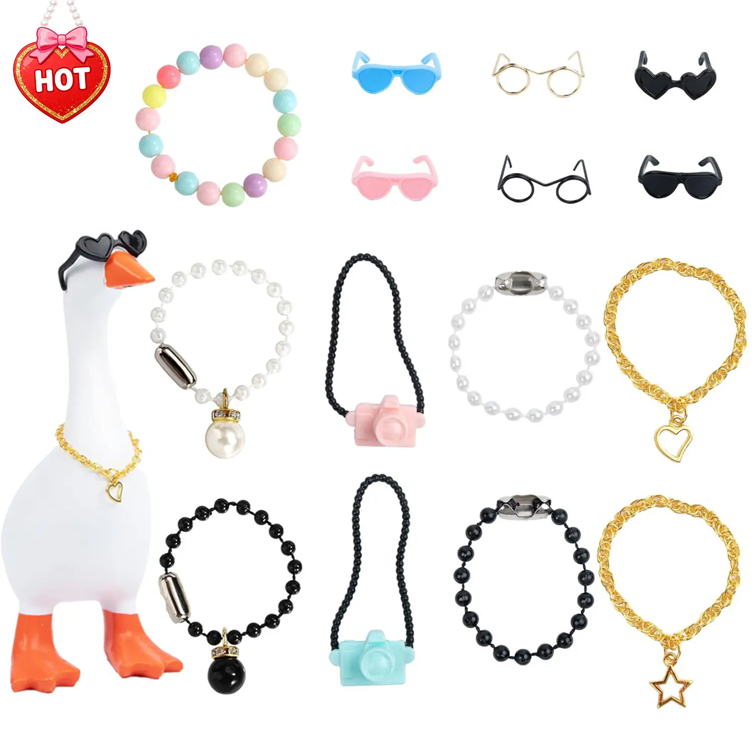 7inch Desk Goose Outfits Mini Desk Goose Clothes Chain Collar and Sunglasses Funny Desktop Goose Accessories Decor Costume for Magnetic Desk Geese Statue