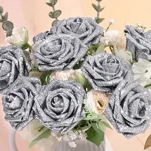 6pcs/12pcs Flashing Rose Bouquet, Eternal Shiny Artificial Flowers, Wedding Decoration, Floral Decor, Anniversary Gift, Birthday Gift, Glitter roses bouquet
