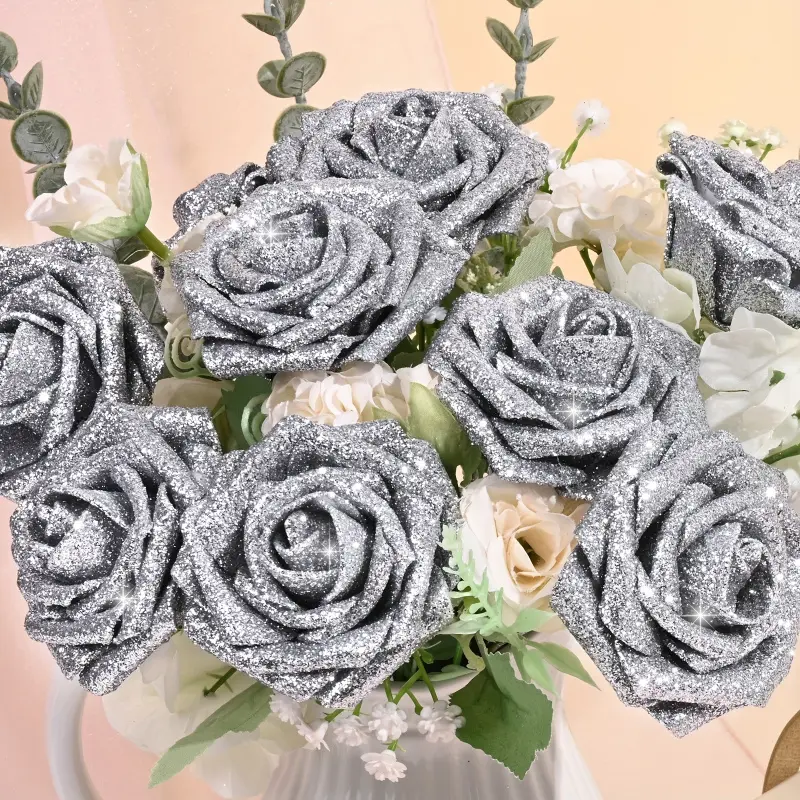6pcs/12pcs Flashing Rose Bouquet, Eternal Shiny Artificial Flowers, Artificial Flower Decorations, Wedding Decoration, Floral Decor, Anniversary Gift, Birthday Gift, Glitter roses bouquet