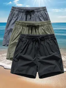 Men's Solid Color Quick Drying Swim Shorts, Regular Fit Casual Elastic Waist Beach Shorts, Summer Swimwear Bottoms for Men, Swimming TrunksGift