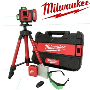 Milwaukee High Brightness 4D 16 Lines Green Laser Level Tool with $\pm 4$ Degree Self-Leveling System and 6000mAh two Battery Plus Hard Carrying Case for Professional Contractors Carpenters and Precision Woodworking Projects