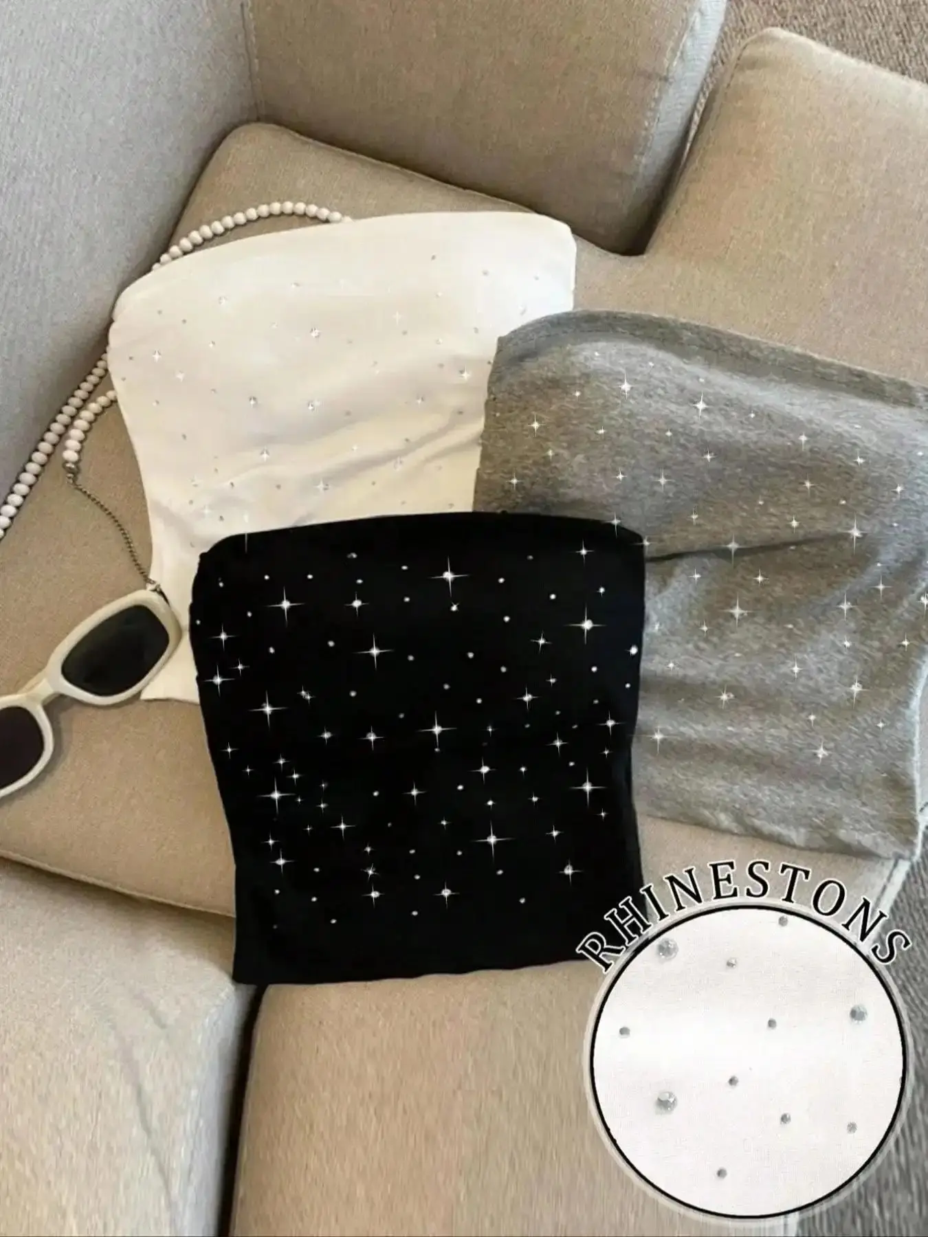 Women's Flattering 3-Piece Fashion Casual Summer Sleeveless Daily Comfort Soft Skin Feel Solid Design Rhinestone Slimming Fitted Tube Top Glitter Vest Set, Versatile Inner and Outer Wear Outfit Everyday Womenswear