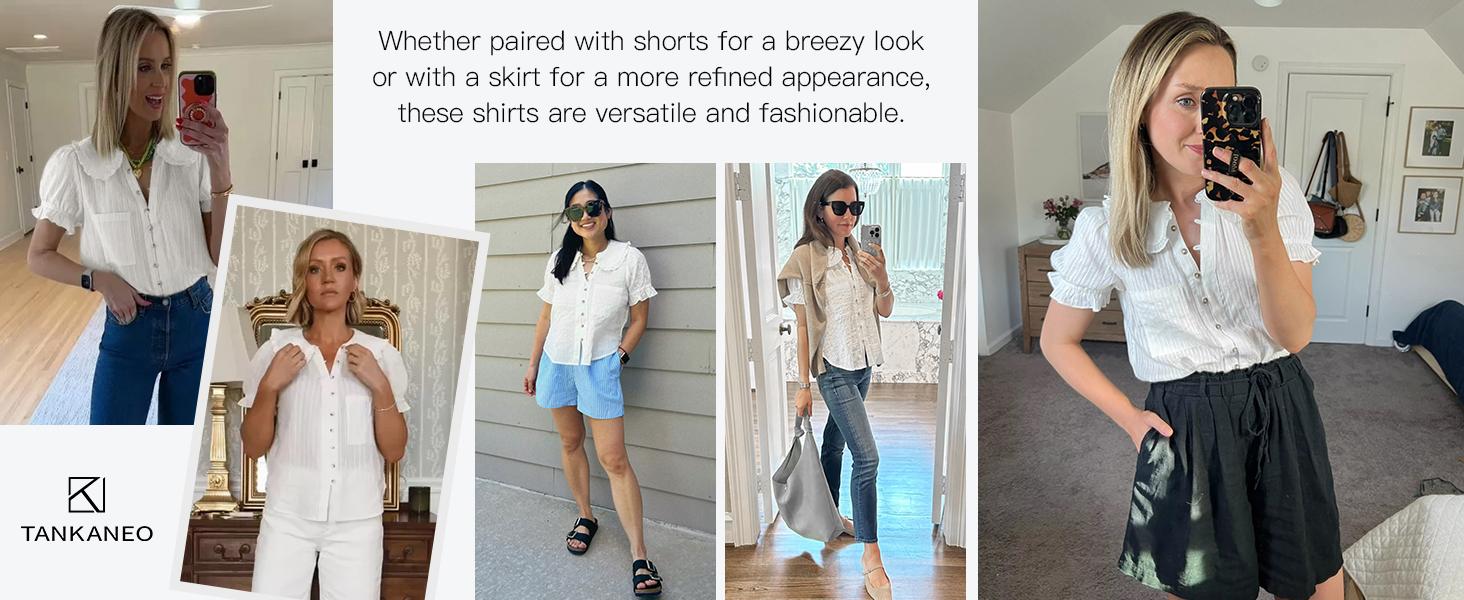 Tankaneo Womens Puff Sleeve Shirts Peter Pan Collar Button Down Cotton Blouse Casual Summer Textured Tops