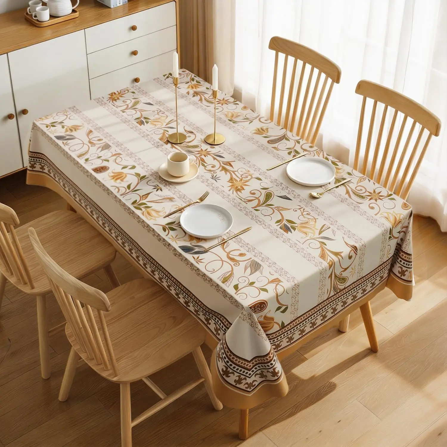 Rectangle Vinyl Tablecloths  Oil Proof Flower Heavy Duty Table Cloth Wipeable Stain Resistant PVC Table Covers for Indoor Outdoor Daily Use (Cocoa Curls Bloom,55'' x 78'')