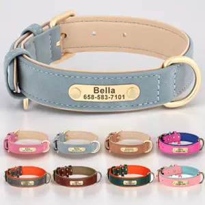 Custom Name Engraved Leather Dog Collar with Free ID Plate Personalized Collar for Small Medium Large Breed Dogs
