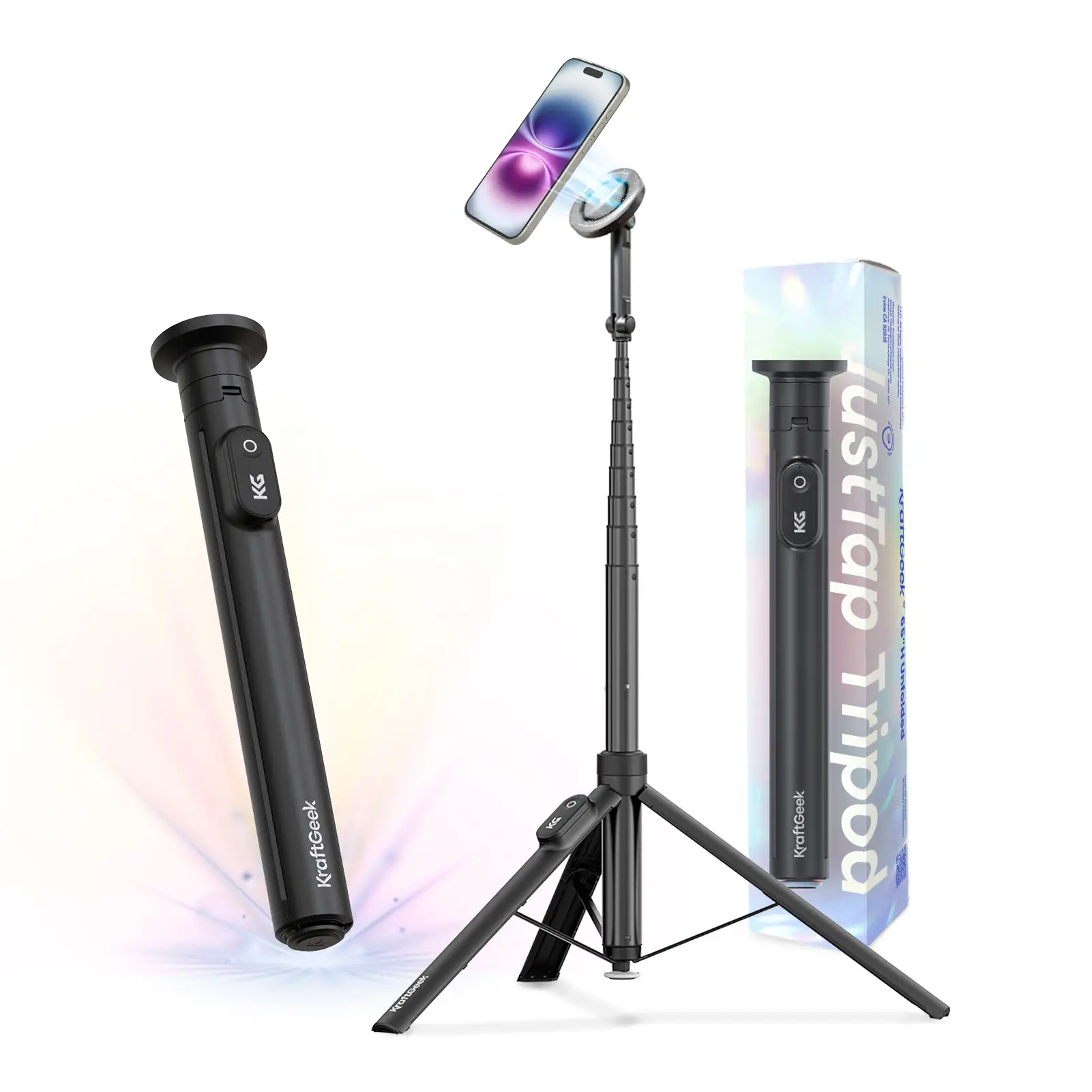 KraftGeek JustTap Magnetic 66" Selfie Stick Tripod for iPhone 17 & Pixel 10, Automatic Tap-to-open Phone Tripod, Compatible with MagSafe, Fits iPhone