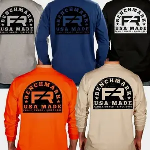 Benchmark Wood Stamp Flame Resistant Long Sleeve Shirt, Men's Graphic Workwear T-Shirt, Long Sleeve Tee clothing IJN MXH 3JP