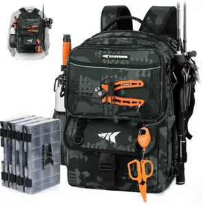 50L BaitSpace Fishing Tackle Backpack with Removable Bait Binder & 4 Tackle Boxes, Rod Holders Storage Fishing Gear