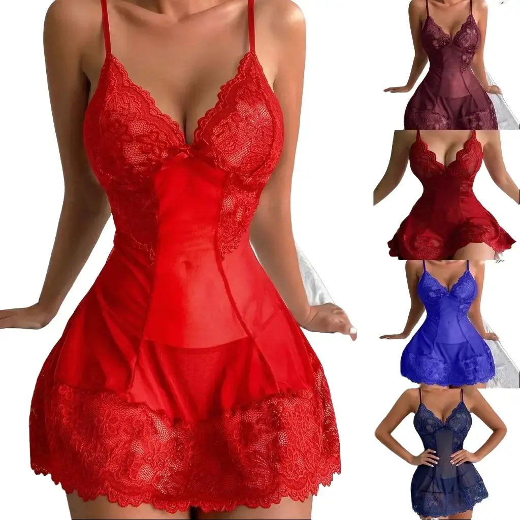 Women's Lingerie Set, Elegant 2 Piece Sheer Floral Lace Babydoll Chemise with Ruffle Hem, Comfortable Matching Nightwear, Loungewear, Lingerie For Women, Sleeveless, Sheer Fabric