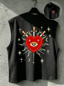 American High Street Retro Tarot Embroidery Sleeveless T-Shirt, Casual Stylish Tee, Punk Rivet Design, Loose Fit, Summer Streetwear, Menswear