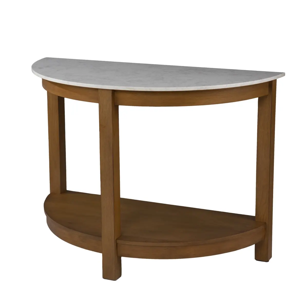 HomeRoots 402418 42 in. Faux Marble Top Curved Edge Half-Circle Console Table - Solid Wood Base, 3 Legs, Storage Shelf, White & Natural