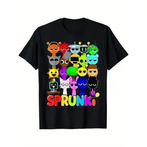 Sprunki Kids' Cartoon Graphic Print Short Sleeve Tops, Crew Neck Soft Cotton Moisture-Wicking All Seasons Apparel, Casual Streetwear