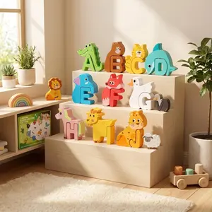 52pcs Alphabet puzzle toy, wooden, children's education, early learning, animal recognition, English learning, building blocks, suitable for boys and girls，Children's Day gift，10.63in*8.47in*2.37in