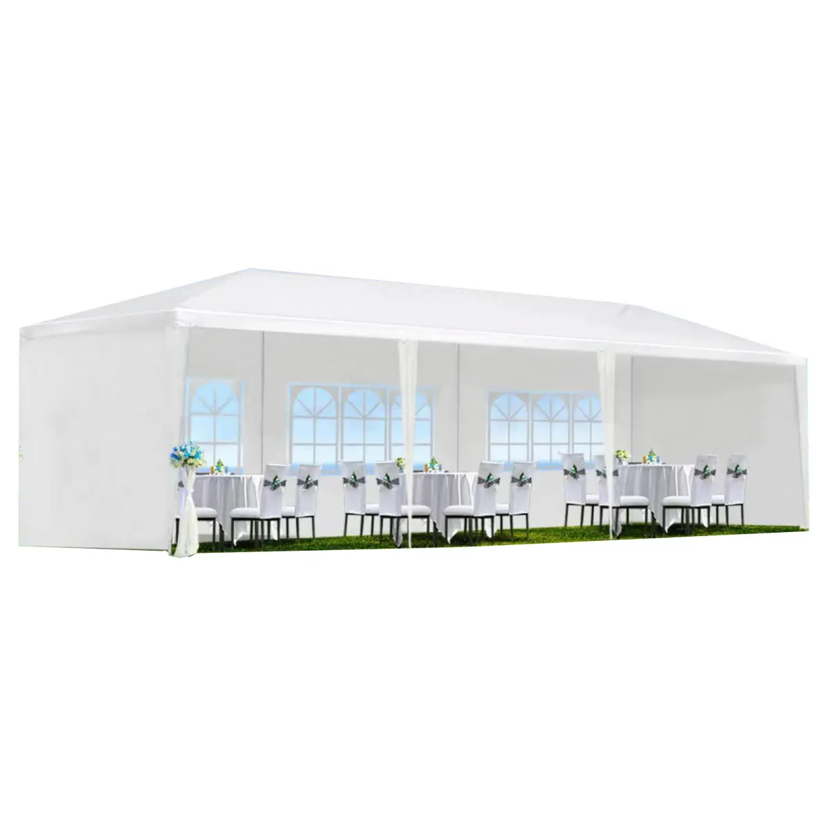 Aobtkel，10'x30'/20'/10' Outdoor White Party Tent Wedding Canopy Tent Removable Walls UV Protection, 10 x 30 FT Wedding Party Canopy Tent Outdoor Gazebo with 5 Removable Sidewalls#Summervibes