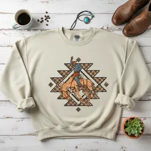 Aztec Checkered Bucking Bronk Crewneck Sweatshirt, Wild West Rodeo Tee, Cowboy Cowgirl Merch, Western Southern Trendy, Country Shirt