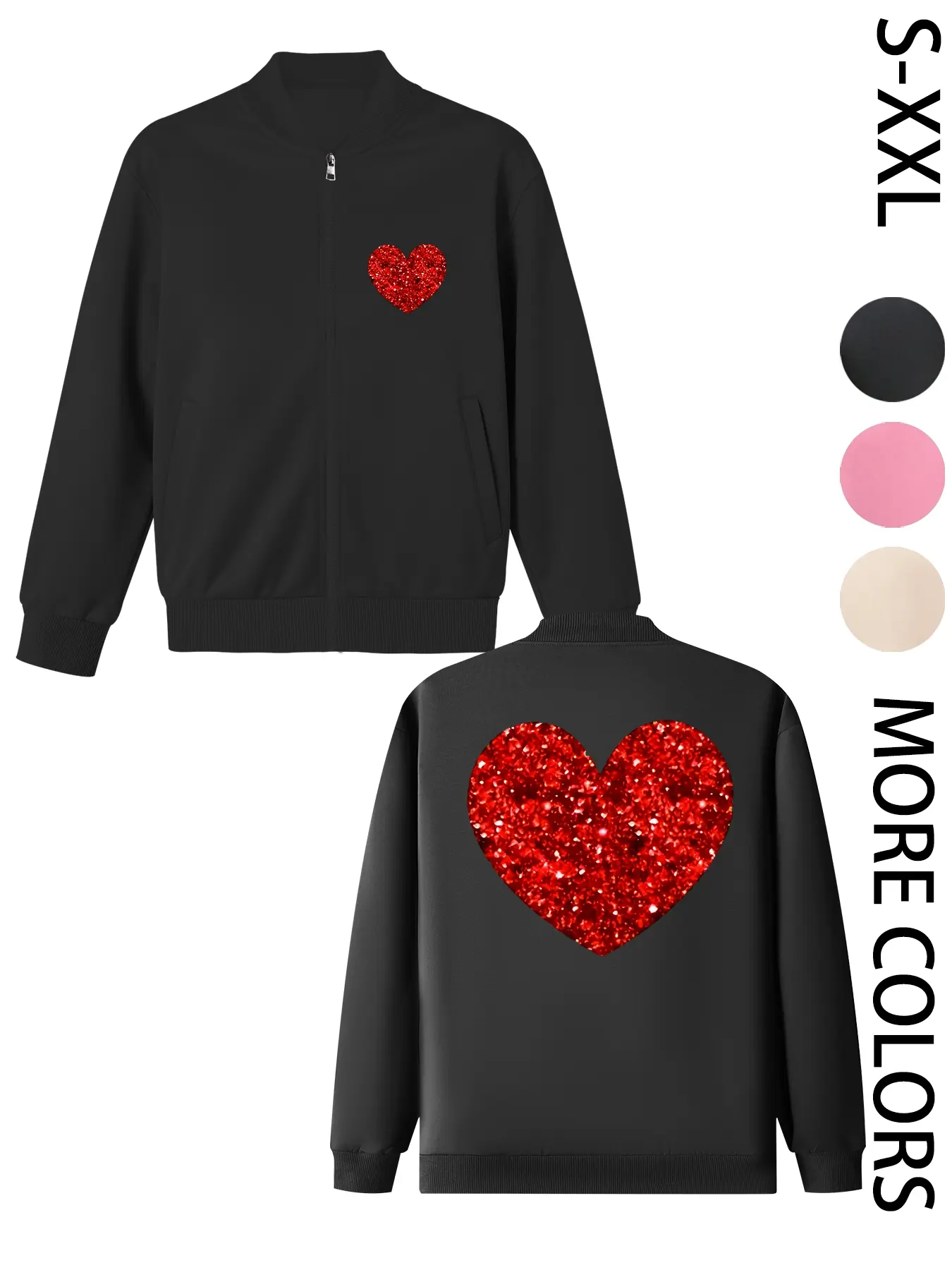 Women's Casual Lightweight Bomber Jacket with Red Sequin Heart Print, Fashionable and Comfortable Design, Suitable for Daily Wear and Outdoor Activities