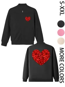 Women's Casual Lightweight Bomber Jacket with Red Sequin Heart Print, Fashionable and Comfortable Design, Suitable for Daily Wear and Outdoor Activities