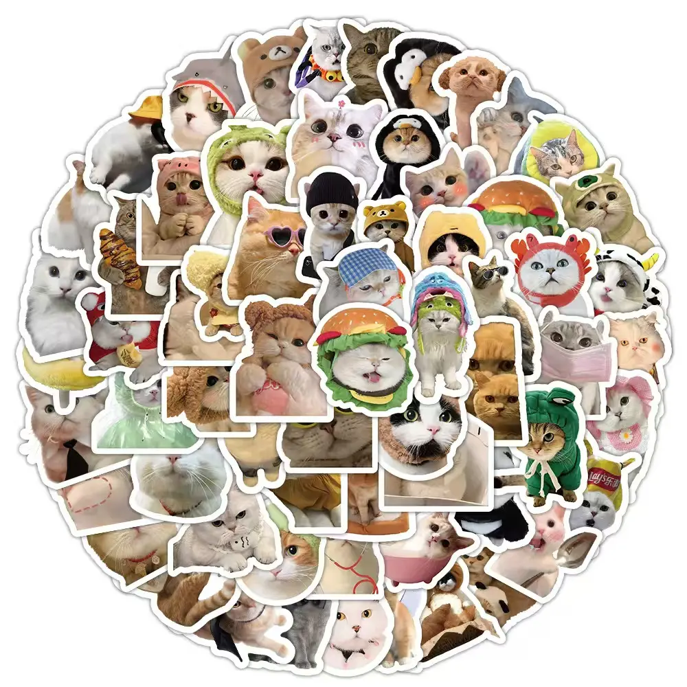 100PCS Character-Based Cartoon Funny Cat Meme Glossy Vinyl Stickers - Cute Waterproof Cat Expression Decals for Adults, Water Bottles, Laptops, Glossy Vinyl Sticker