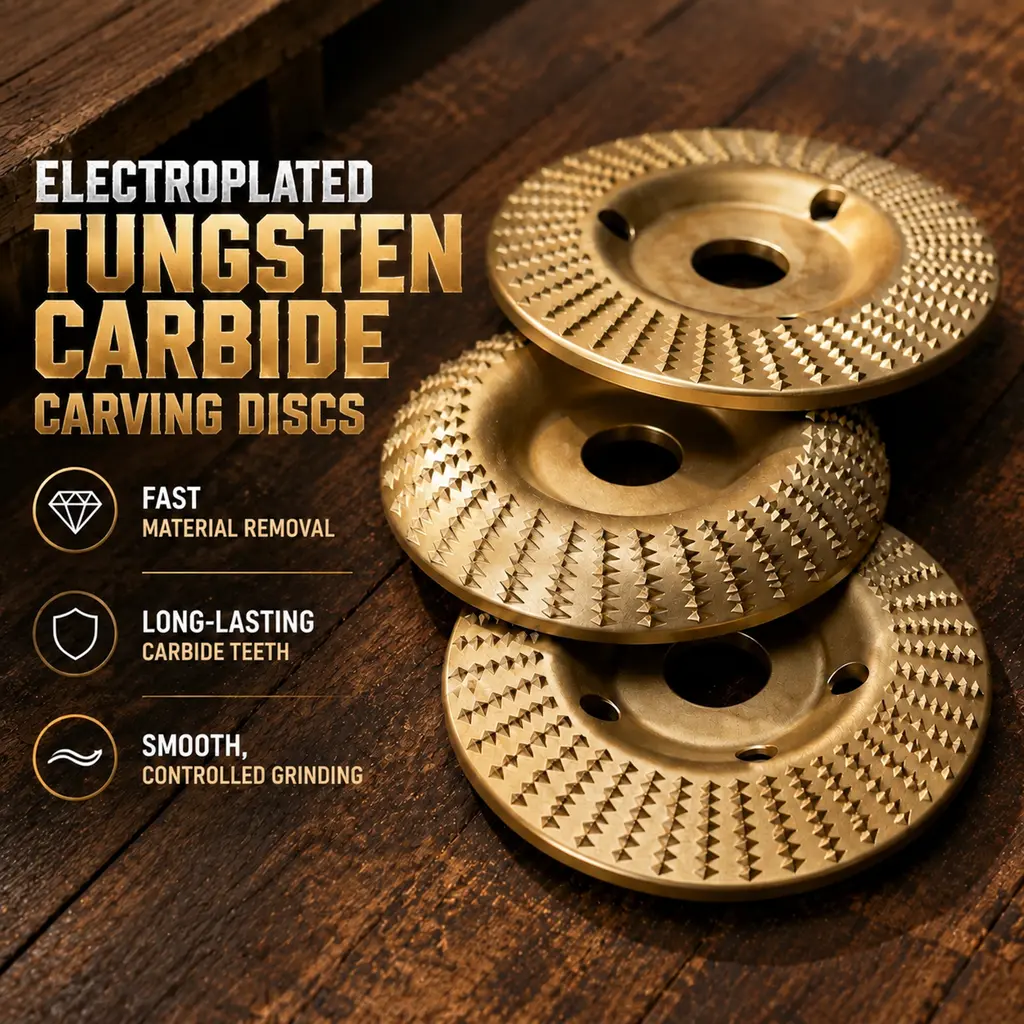 HUANG CHANG 3-Pcs Tungsten Carbide Wood Carving Disc Set - 115mm (4in) & 4.5in Angle Grinder Accessories, Flat/Curved/Bevel Shaping Wheels with 7/8in Arbor Mount for Rapid Soft Material Removal