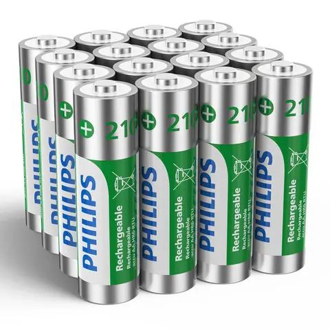 PHILIPS Rechargeable AA Batteries - 16-Pack Multipack, 1.2V 2100mAh High-Capacity Nickel Metal Hydride Cells, Longer Run Time, Waste-Reducing, Ideal for Clocks & Lights, Rechargeable Battery