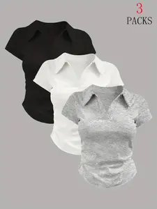 Women's Minimalist Fitted Shirt Set, 3-Piece Summer Top Collection, Pleated Waist Design, Versatile Casual for Daily Wear, Short