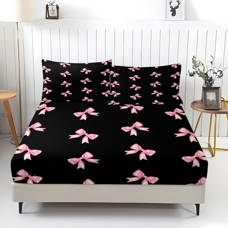 3-piece Bedding Set Features A Black Background With Pink Bow Print, A Fitted Sheet, And Two Unfilled Pillowcases. The Sweet And Cool Color-blocked Style Creates A Unique And Girly Bedroom Décor, Making It A Perfect Gift Choice. Bed Sheet Sets