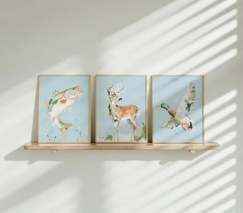 Mallard Duck Deer Fish Nursery Wall Art Set of 3, Baby Boy Hunting Decor, Blue and Green Nursery Prints
