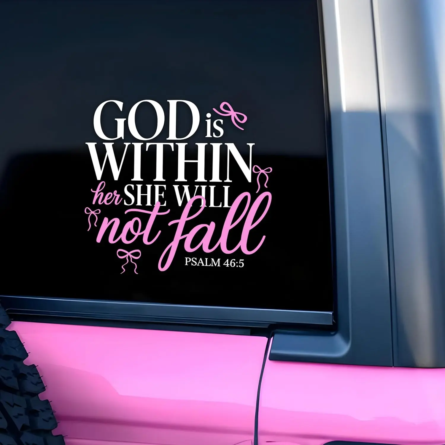 God Is Within Her She Will Not Fall car decal with pink bow, Christian, girl decal, belief bible proverb, vinyl waterproof 20.32cm bumper decal gift for women, girls, mothers, Girly Decals For Car