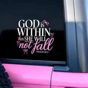 God Is Within Her She Will Not Fall car decal with pink bow, Christian, girl decal, belief bible proverb, vinyl waterproof 20.32cm bumper decal gift for women, girls, mothers, Girly Decals For Car