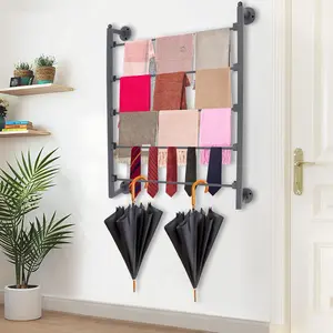 5 Tiers Display Tie & Scarf Rack, Wall Mounted Ribbon Rack Organizer Holder for Wrapping Paper Scarf Tie Belt Towel Pants, Scarves Hijab Stand for Retail Store,Home,Craft Room,Florist, Bedroom Hanging Black