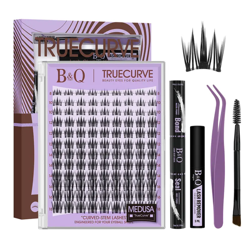 TrueCurve Medusa Lash Kit l B&Q Spike Manga Eyelash Clusters, C Curl,Perfect Lash‑line Fit Deaign,Beginner & Sensitive Eye Friendly No Stinging, Zero Discomfort for All Day Wear