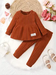 Girls' set, autumn solid color versatile pit stripe set for baby girls, pit stripe knitted comfortable fabric, solid color top paired with pants for girls' clothing, suitable for outdoor and school wear, Valentine's Day gift