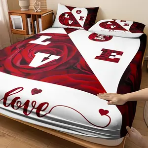 3PCS Red and White Rose Heart Bed Sheet Set (1 Bed Sheet + 2 Pillowcases Without Pillow Inserts), High-Definition Print for Home and Dormitory Bedding Accessories