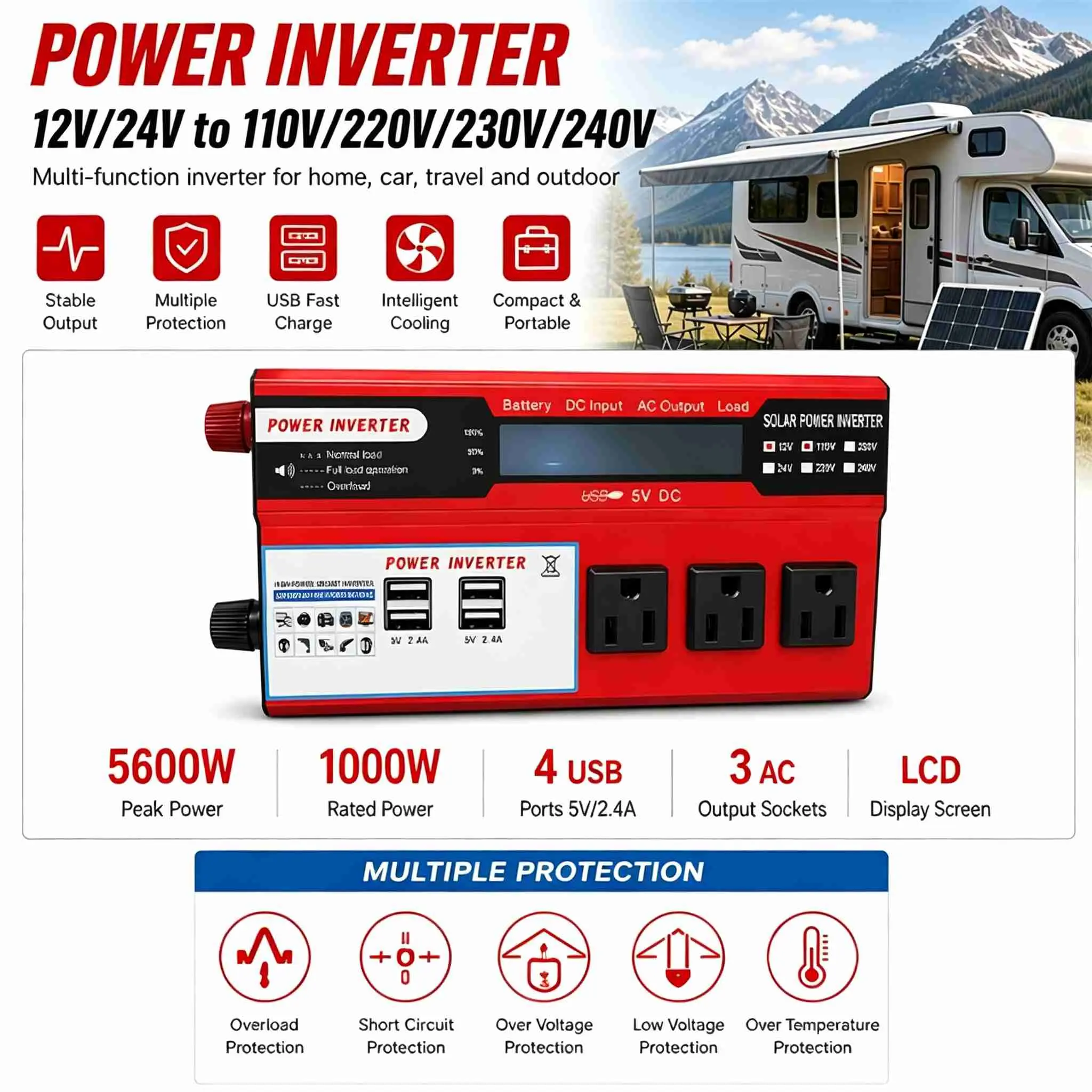 5600W Peak Power Inverter, Car Pure Sine Wave Inverter DC 12V To AC 110V, Converter With Cooling Fan And Overload Protection, Portable Inverter For Road Trips, Vacations, Outdoor Activities, Emergency Kits