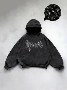 Men's Casual Fitted Long Hooded Sweatshirt with Graphic Thorns Pattern Rhinestone Print, Soft Fabric, Fashion Versatile, Street Style Essential
