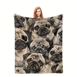 Adorable Pug Flannel Blanket, Pet-Themed Neutral Color Multifunctional Throw for Home, Soft and Comfortable Dog Design Blanket for Living Room and Bedroom