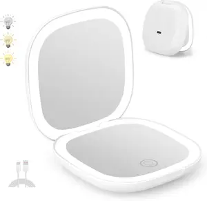 LED Pocket Makeup Mirror – Portable 3-Color Light & Rechargeable, Compact Design, Double-Sided Mirror, Touch Control, USB Charging Cable Included