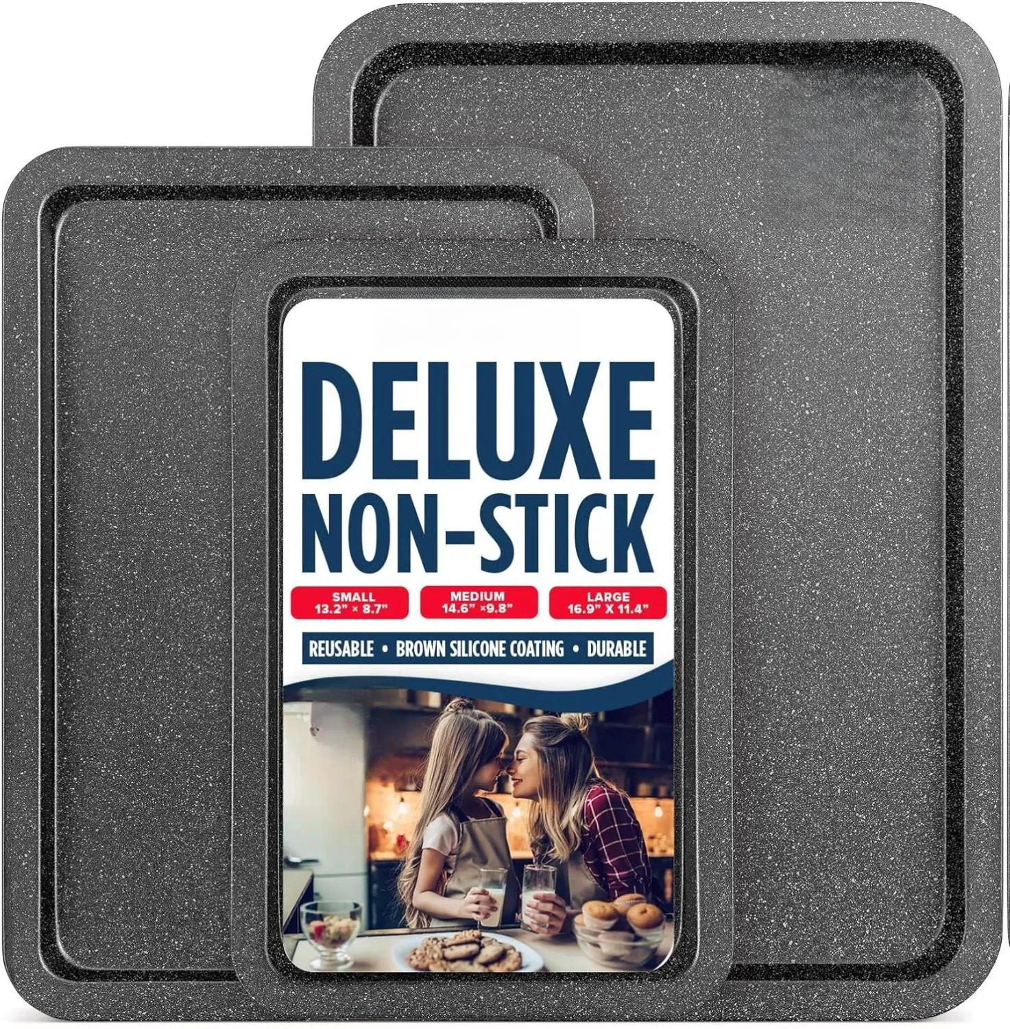 Gray Marble Carbon Steel 3-Piece Nonstick Rectangle Baking Pans Set - Durable Kitchen Bakeware, Oven-Safe Up To 450°F, Even Heat Distribution, Stackable Storage Organization, PFOA/PFOS/PTFE-Free (Small, Medium, Large Sizes) [New Deal], Professional Kitche