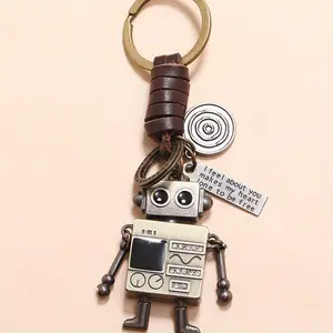 1pcs Vintage Style Genuine Leather Braided Robot Keychain with Movable Hands and Feet, Perfect for Boyfriend, Birthday, Christmas, Holiday Gifts