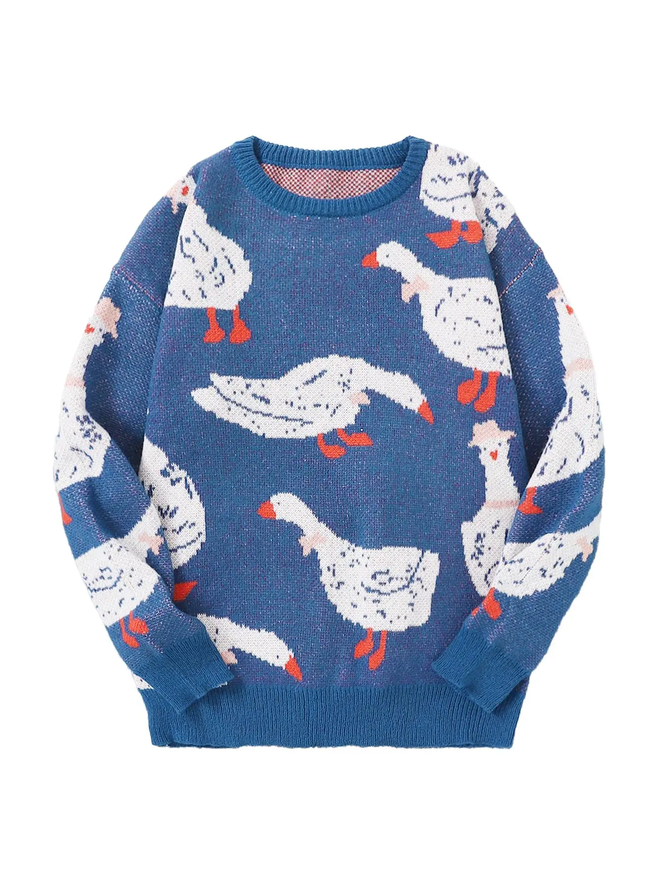 Men's Unisex Cartoon Duck Print Drop-Shoulder Casual Animal Print Knit Top, Fashion Round Neck Long Sleeve Crewneck Menswear Jumper for Daily Wear, Tops, Fabric, Overall