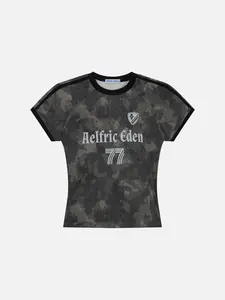 Aelfric Eden Camo Jersey Graphic Tee Slim Fitted Silhouette Raglan Sleeve Contrast Trim Jersey Print Soft Fabric Y2K Sporty Streetwear Women Top