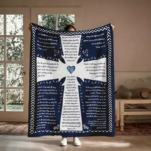 Christian Cross Flannel Blanket, 1 Count Bible Verse Scripture Soft Throw, Navy Blue White Faith Decor, Cozy Nap Blanket for Home Office Travel, Suitable for Sofa Bed Couch, Gift for Believers Her Him, Religious Inspirational Wall Hanging
