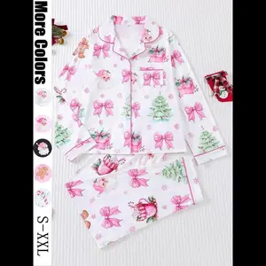 【Christmas】Women's Christmas Pajama Set, Long Sleeve Lapel Top & Elastic Pants, Casual Fitted Comfortable Sleepwear for Fall Winter Holidays，Christmas Pyjamas Loungewear Womenswear