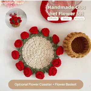 2pcs,Handmade Crochet Rose Bouquet, Expandable Cup Mat, Coasters, Creative Gift for Girls, Valentine's Day Decoration