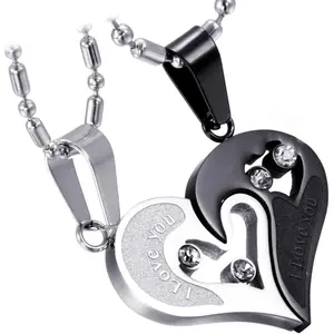 2- Stainless Steel Couple Necklace Rhinestone I Love You Heart Puzzle Matching Pendant for Couples with Love Chain for Valentine's Day