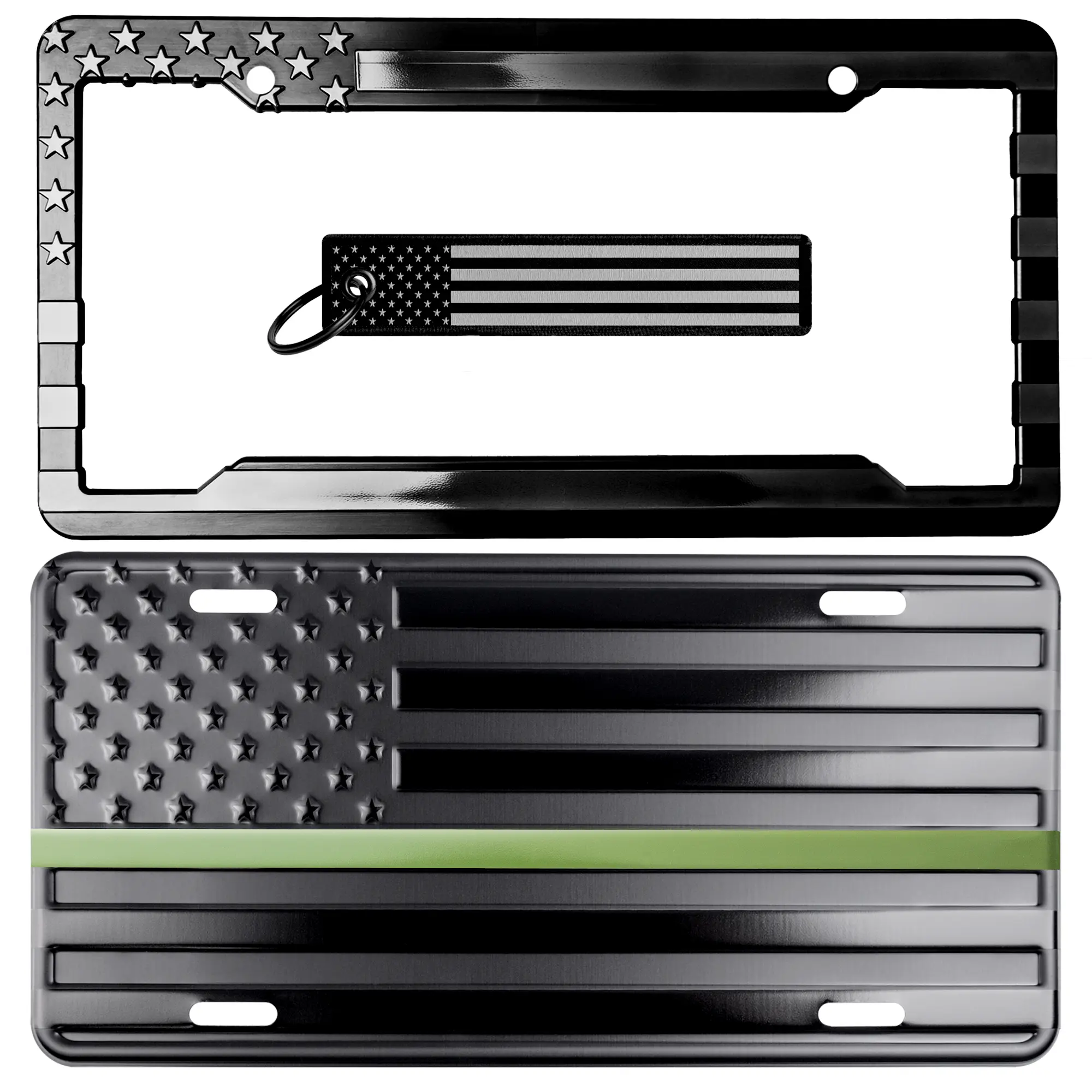 Thin Green Line American Flag License Plate, Frame and Key Tag Combo
