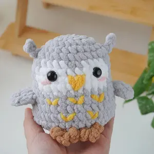 Tiny Yarnies - Kawaii Crochet Owl Amigurumi - Small, Round Knitted Gray Owl with Yellow Accents - Unique Home Accent